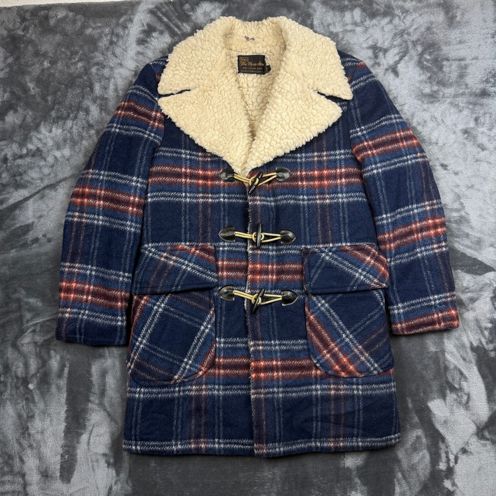Sears Toggle Coat Mens 38 Blue Plaid Sherpa Lined Vintage Wool Blend Car Coat